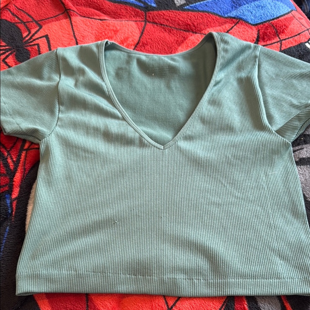 Green Ribbed V-Neck Crop Top